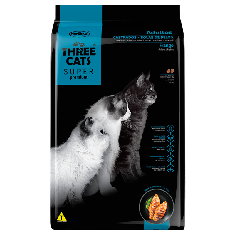 Three Cats Especial Gatos Castrados/Bola De Pelos Sabor Pollo - 10 Kg