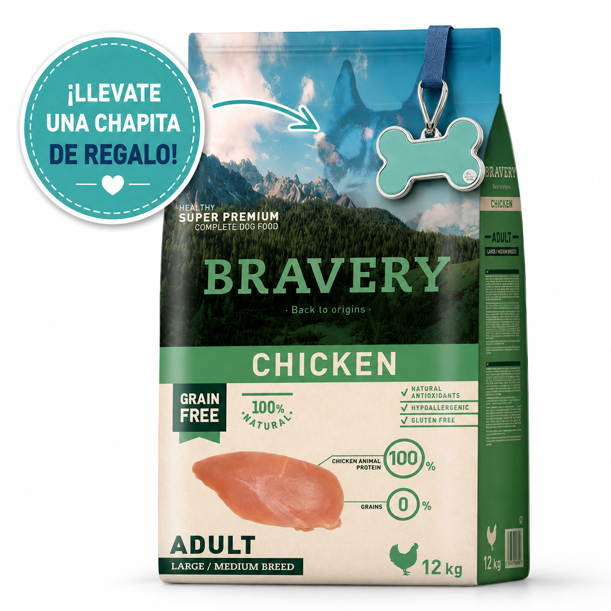 Bravery Perro Adulto Medium/Large Pollo 12 Kg + Chapita de Regalo