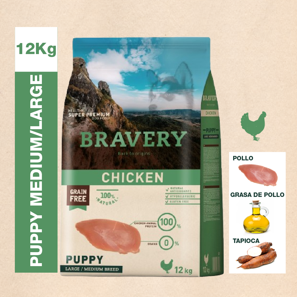 Bravery Perro Puppy Medium/Large Pollo 12Kg+ 4 kg Gratis - Imagen 2
